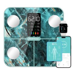 Вага для вимірювання жиру та м'язової маси тіла, цифрова вага з вимірюванням 15 параметрів, вимірювання частоти серцевих скорочень, сумісна з Apple Health та Samsung Health, біла/зелена (280)