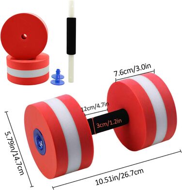 Набір з 2 аква-гантелів для занять у воді, знімний пінопласт, з ручками, для чоловіків та жінок, фітнес у воді (Рожево-червоний)