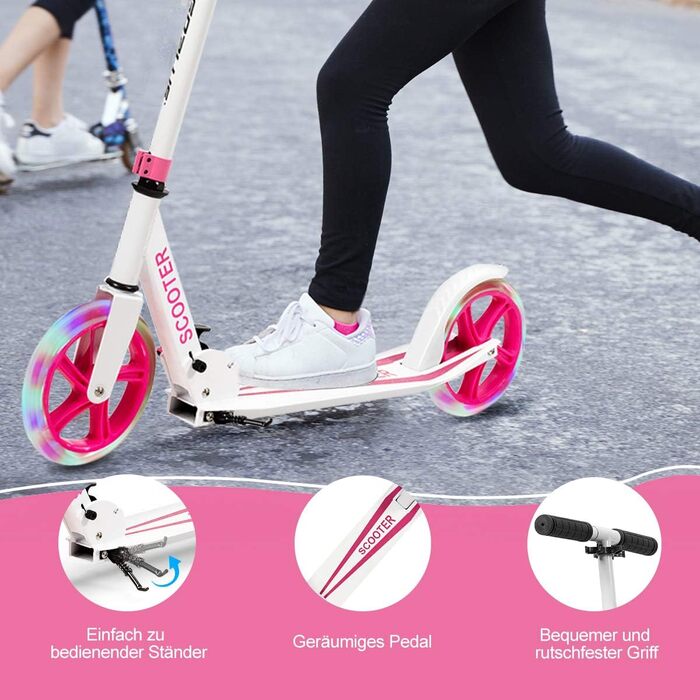 Дитячий трюковий самокат GOPLUS Roller Kinder 10 років, 3-ступенева регулювання висоти, алюмінієвий, з LED-колесами, гальмом, ременем та підставкою, до 100 кг (Рожевий)