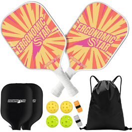 Набір для піклболу Ergonomicstar: фібергласові ракетки, 4 м'ячі, сумка та чохол. Легкі ракетки для початківців, підходять для гри в приміщенні та на вулиці (помаранчеві)