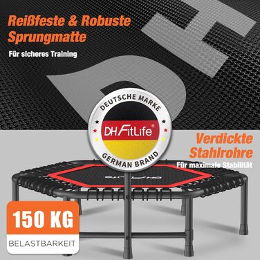 Фітнес-батут DH FitLife для дому Ø114 см, стабільний до 150 кг з ручкою, професійна якість, 36 посилених гумових тросів, безшумне амортизацію та протиковзкі ніжки