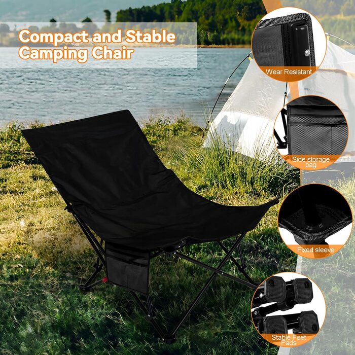 Складний стілець для кемпінгу, риболовлі та відпочинку на природі (150 кг), чорний