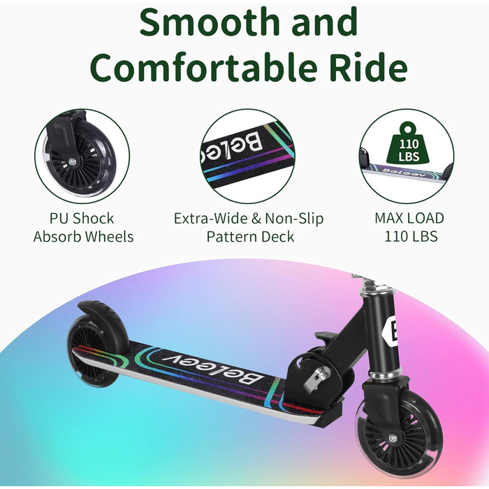 Белеїв V2 Роликовий Самокат для дітей 3-12 років з LED-підсвічуванням, регульованою висотою та заднім гальмом, складний, чорний