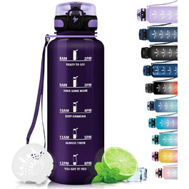 Спортивна пляшка для води Grsta 1,5 л, BPA Free, з фільтром і мітками часу, для газованої води, герметична, для спортзалу, школи, офісу та вулиці, темно-фіолетова