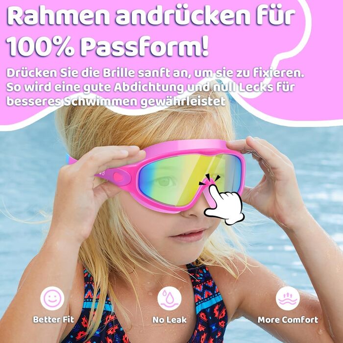 Дитячі окуляри для плавання Vvinca з носовими затискачами, широким кутом огляду, захистом від запотівання та UV-фільтром, водонепроникні, для дітей 3-14 років, рожеві та блакитні