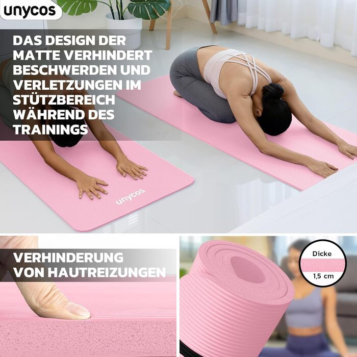 Килимок для йоги Unycos з нековзким покриттям | Щільність 6/10/15 мм, килимок для гімнастики з ремінком, електронна книга | Дружній до шкіри фітнес-килимок для пілатесу, тренувань, спортзал #14 Світло-рожевий 183*60*1.5 см