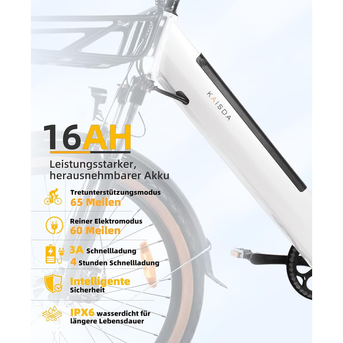 Електровелосипед KAISDA 26'' для жінок, 7-ступенева трансмісія, 36В 16Аг знімний акумулятор, 65 км, 50Нм мотор, біло-синій, для міста та відпочинку