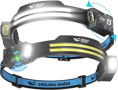 Налобний ліхтар Smiling Shark, 2 шт. Superhell LED, перезаряджається, з датчиком руху, 2400 mAh, 5 режимів, для бігу, походів, кемпінгу
