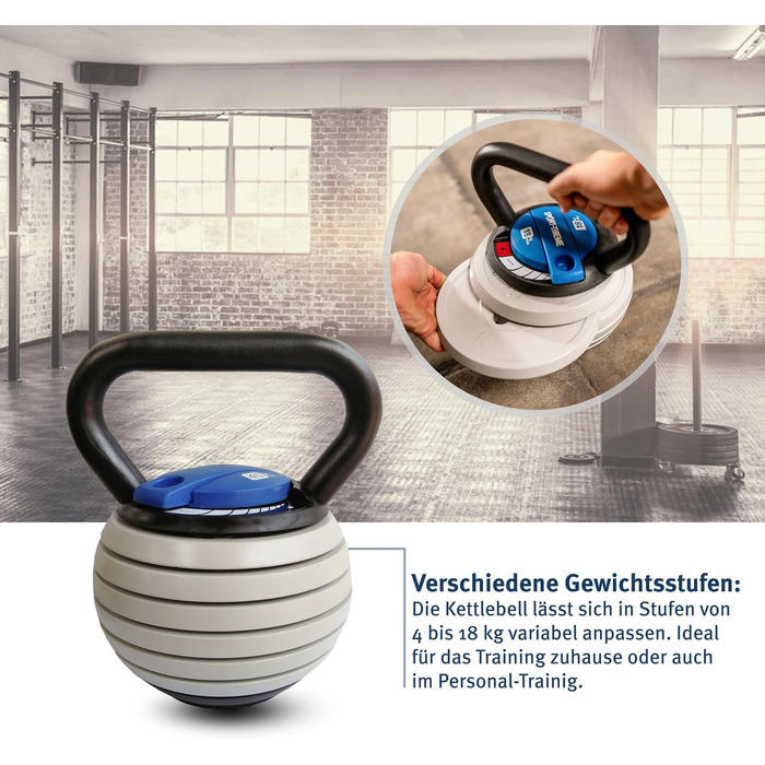 Набір гантелей-гир Кетелбел Sport-Thieme Vario | Регульовані гантелі з змінними дисками: 4-18 кг | Компактні, безпечні | Сталь, пластик | Чорно-сіро-блакитні | Якість бренду