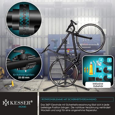 Підставка для збирання велосипедів KESSER® Profi Alu: міцна, 360° обертання, для гірських та електровелосипедів, з сумкою та набором для ремонту