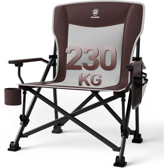Крісло туристичне складне EVER ADVANCED 230кг, XL, з кишенею та тримачем для напоїв. Ідеальне для кемпінгу, відпочинку на природі, балкону, саду та риболовлі (Червоний)