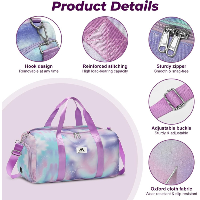 Спортивна сумка Flintronic для дівчаток та жінок, дитяча сумка для плавання з відділенням для взуття та вологостійкою кишенєю, для фітнесу, танців та подорожей, фіолетова, 46x20x25 см