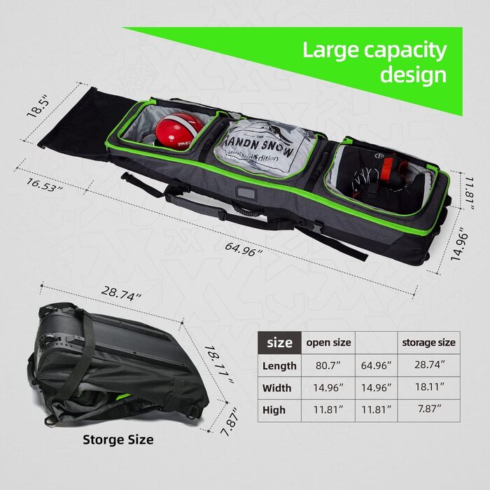Сумка для сноуборда XCMAN з підкладкою та колесами, розширювана сумка-тележка для перевезення літаком, регульована довжина - наддовга/широка/глибока, водонепроникна, з захисними ребрами (зелена)