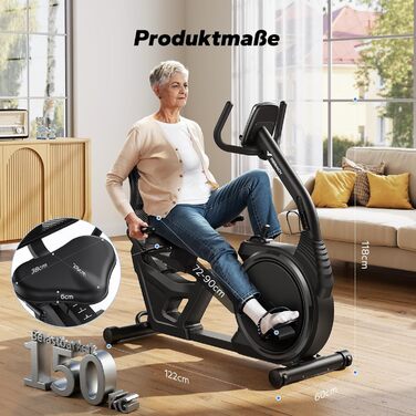 Велотренажер MERACH Liegeergometer для дому з 8 рівнями регулювання опору, легкий, з Bluetooth, LCD-дисплеєм та датчиками серцевого ритму, чорний