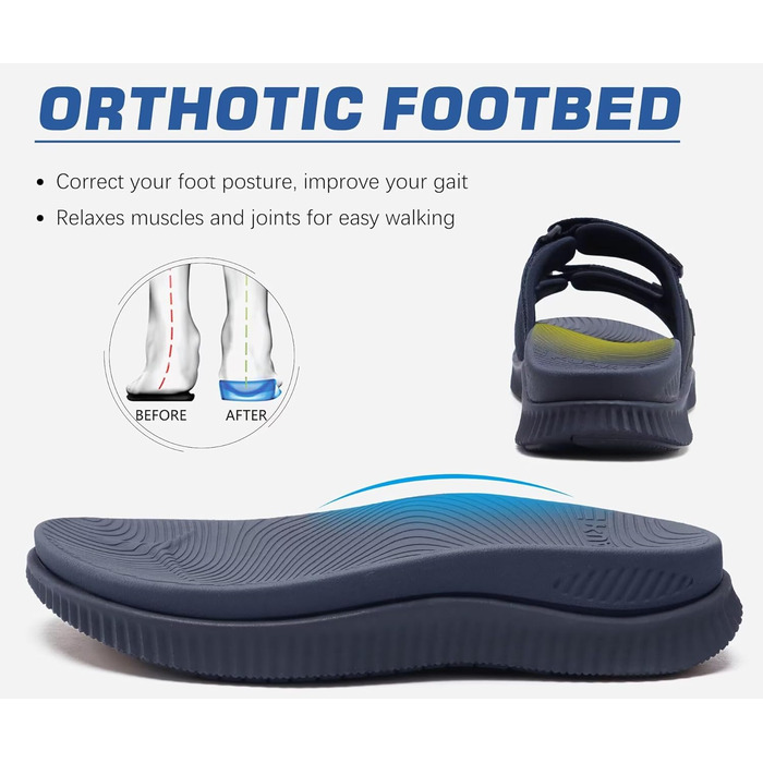 Чоловічі спортивні сандалії KuaiLu з м'якою устілкою, ортопедичні для фасціїту, Outdoor, Wander, легкі, відкриті пальці, регульована липучка, сланці (Морський, 45 EU)