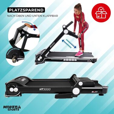 Електрична бігова доріжка Miweba Sports HT3000, 3,5 к.с., 16 км/год, нахил до 15%, навантаження 120 кг, з додатком, складана, велика бігова поверхня, 12 програм, для дому