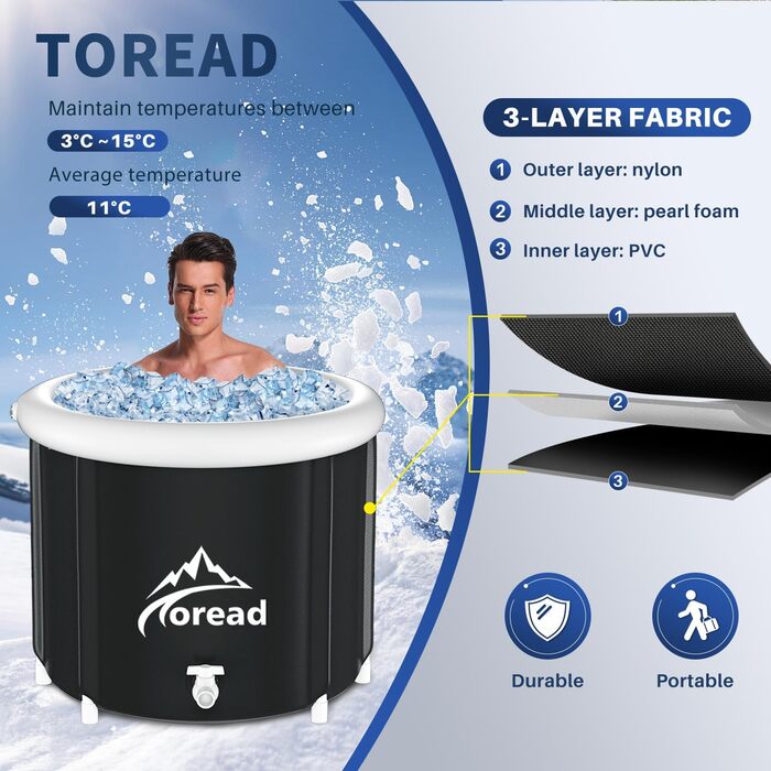 Тоне для криотерапії TOREAD 85см, 420L з кришкою для спортсменів - переносний бак для крижаних ванн, XL холодний відпочинок вдома та на вулиці