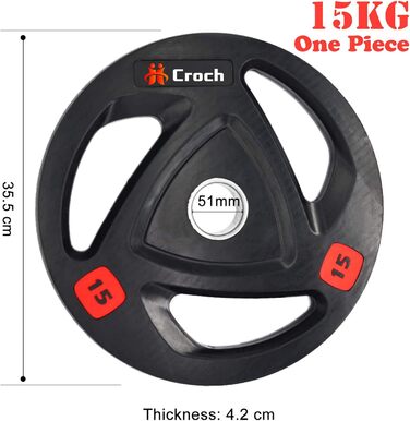 Диск для штанги Croch 15 кг, чавунний з гумовим покриттям, професійний, отвір 51 мм, для тренажерного залу