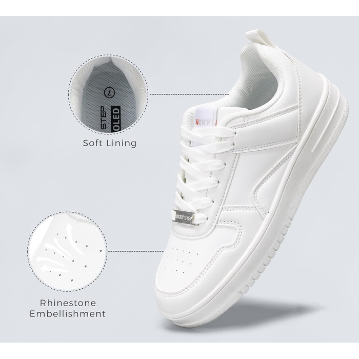 Жіночі кеди LUCKY STEP з блискучими стразами, шкіряні низькі кросівки на шнурівках, білі (38 EU)