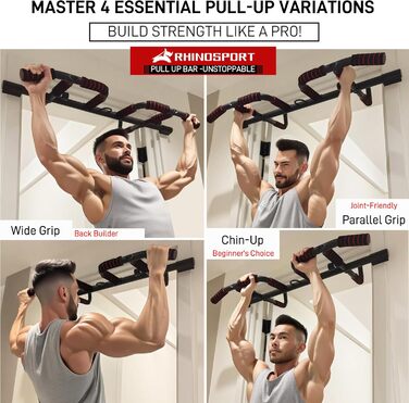 RHINOSPORT Турнік для дверного прорізу – турнік для підтягувань на двері з багатохватним грифом – без свердління, нековзке покриття до 200 кг (440 фунтів) – для дверей 65-92 см