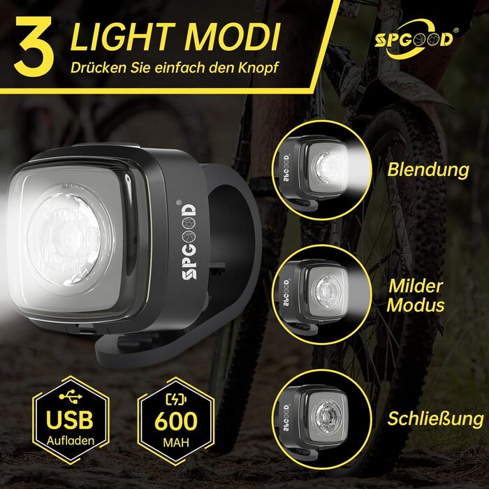 Велосипедні ліхтарі SPGOOD: комплект переднього та заднього ліхтаря, USB-C, водонепроникні (IPX5), сертифіковані StVZO
