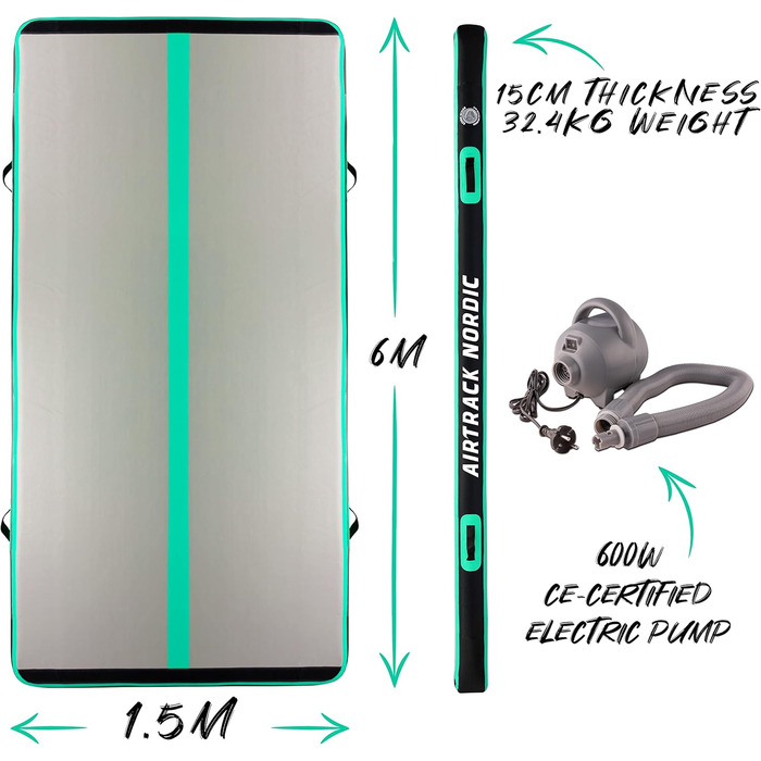 AirTrack Nordic Carbon – надувний гімнастичний мат 3/4/5/6/8 м з насосом, ширина 1,5 м, товщина 15 см, для дому, гімнастики та черлідингу