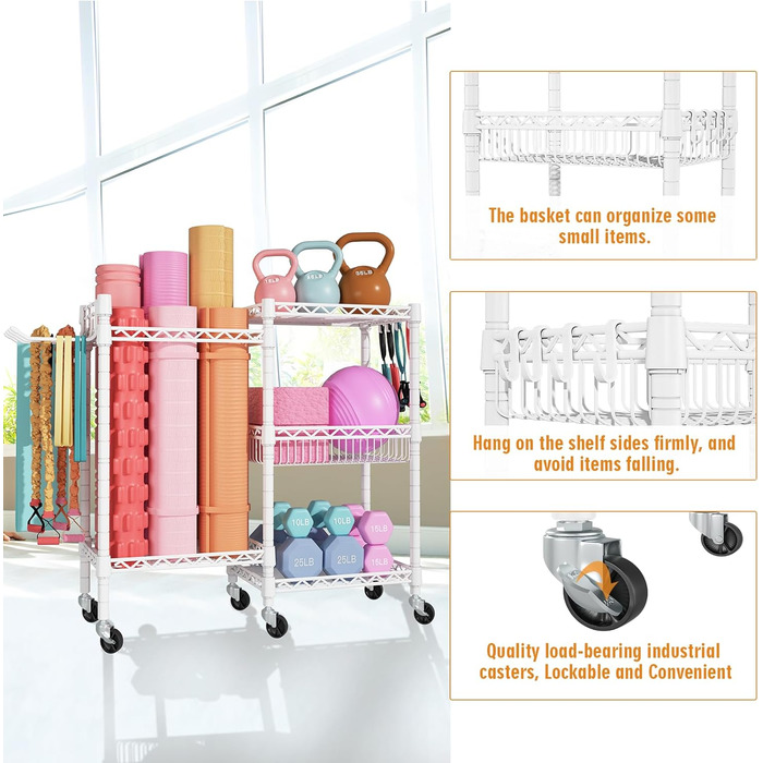 Органайзер для домашнього спортзалу FUTASSI з 3 рівнями, для килимків для йоги, ролерів, гантелей, гир та еластичних стрічок, білий/оптичний сад, подвійний ряд