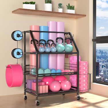 Стійка для гантелей та гир, домашній спортзал, чорна. З гачками та коліщатками. Підходить для гантелей, гир, йога-матів та роликів.