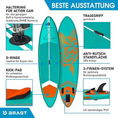 Надувний SUP Board BRAST Turtle | Комплект для станд-ап паддлбордингу | 320x81x15 см | 4 дизайни | 5 років гарантії | з аксесуарами | 2в1: SUP Board та каяк | з кріпленням для Action-Cam, петлею для ніг, рюкзаком | Колір: Туркіс