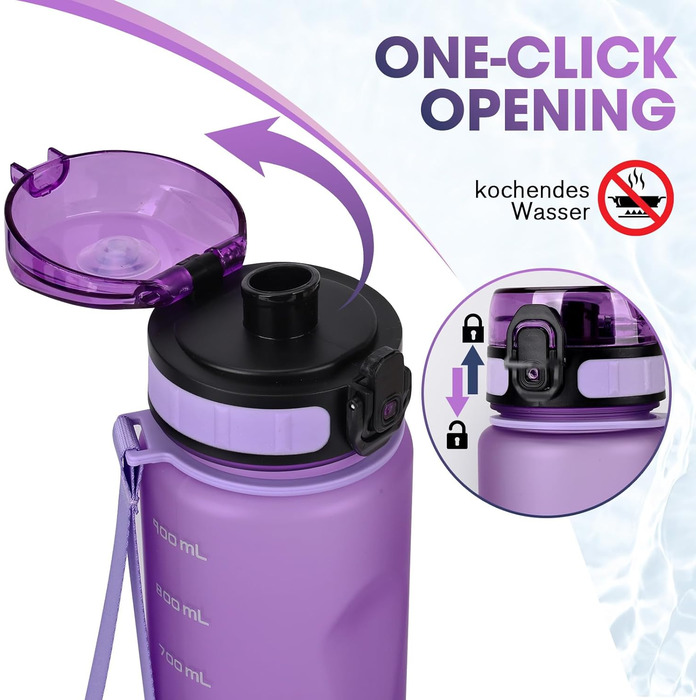 Спортивна пляшка для води 1л, витокостійка, без BPA, з мірною шкалою, смарагдово-зелена (лавандова)