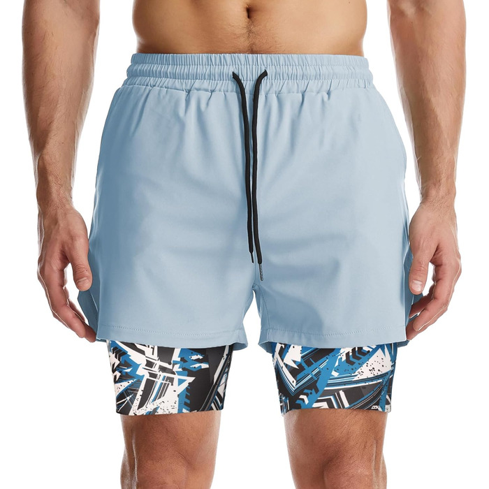 Чоловічі спортивні шорти 2-в-1 для бігу, тренувань та активного відпочинку (M, синій з камуфляжною підкладкою)