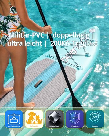 SUP дошка Premium Allround для початківців та досвідчених, з сидінням, до 200 кг, 320x81x15 см, м'ятно-бірюзово-біла + тримач для камери