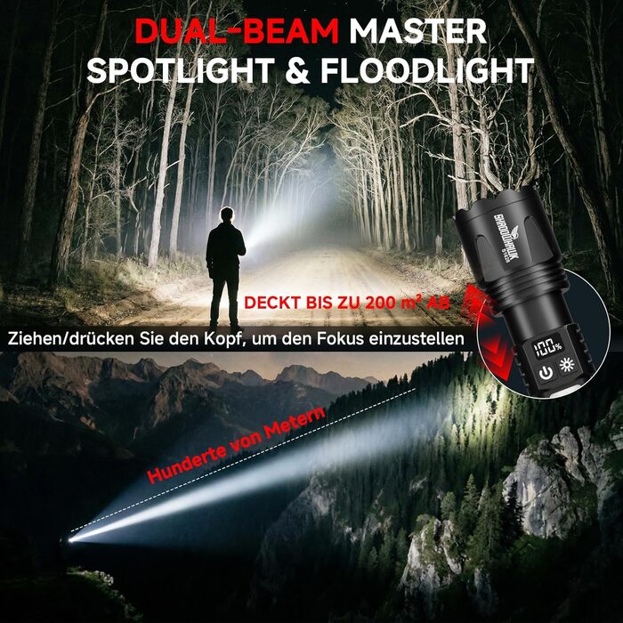 Ліхтарик тактичний Shadowhawk 2 шт. LED акумуляторний, 7 режимів, USB-C/A, COB, магніт, LCD-дисплей - чорний