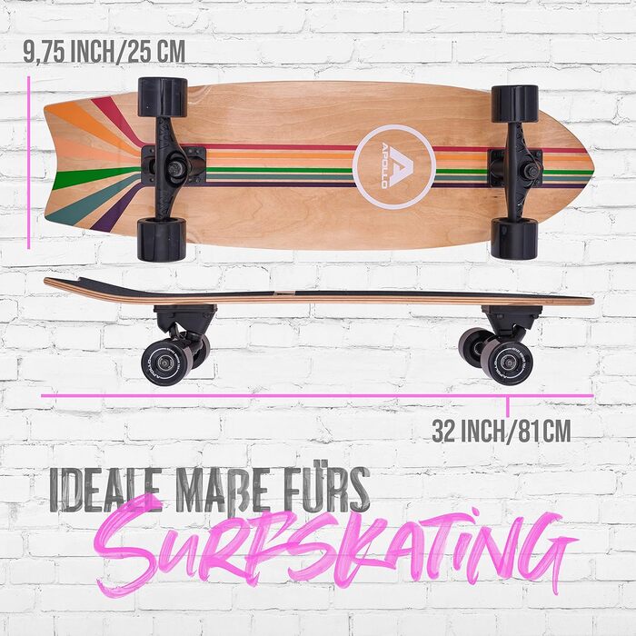 Серфскейт Apollo Surfskate Pro Midi Longboard для дорослих та дітей, з якісною вісью для карвінгу та пампінгу, міні круїзер для стрітсерфінгу, смугастий дизайн