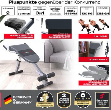 Складана та регульована лава для тренувань Sportstech 3в1 (BRT200) – для пресу, спини та ніг | До 130 кг | Сірий колір