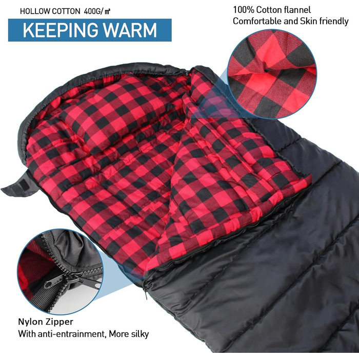 Спальний мішок Outdoor Flanell Warmer для туризму та кемпінгу. Бавовняне внутрішнє покриття, теплий, для 3-4 сезонів, XXL, -1°C, 230x90 см, чорний, на блискавці