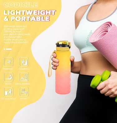 Фляга для води CodiCile 1л зі трубочкою, спортивна, з міткою часу, для миття, нетоксична, для бігу, велосипеда, спортзалу, школи, офісу
