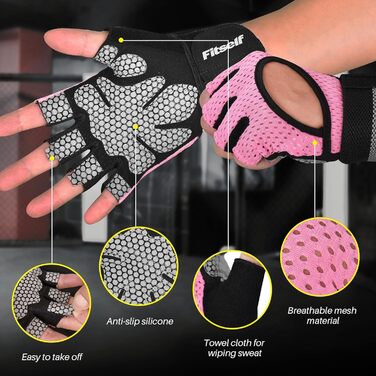 Фитнес рукавички для жінок з захистом суглобів та антиковзаючою поверхнею для важкої атлетики, спорту, тренажерного залу, кросфіту, велоспорту, рожеві