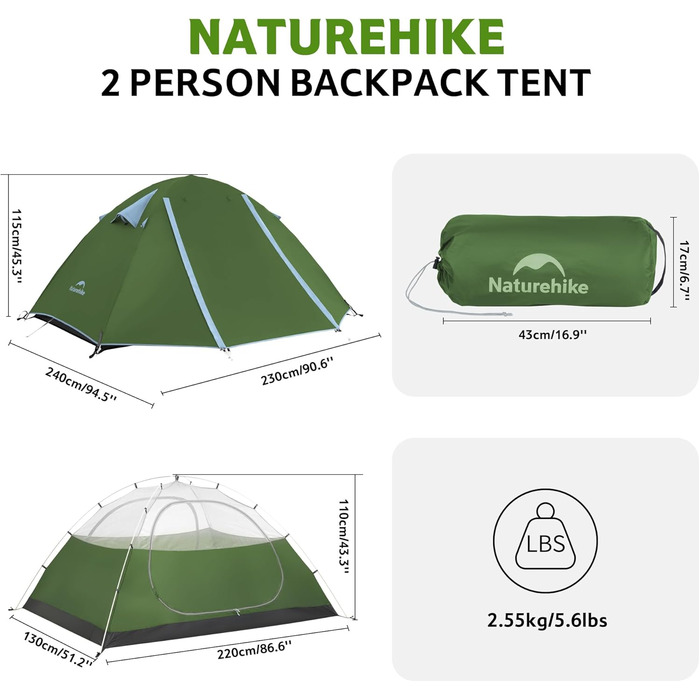 Намет Naturehike Bleik Ultraleicht 2-3 особи для кемпінгу, трекінгу та велотуризму 230x240x115 см, Зелений