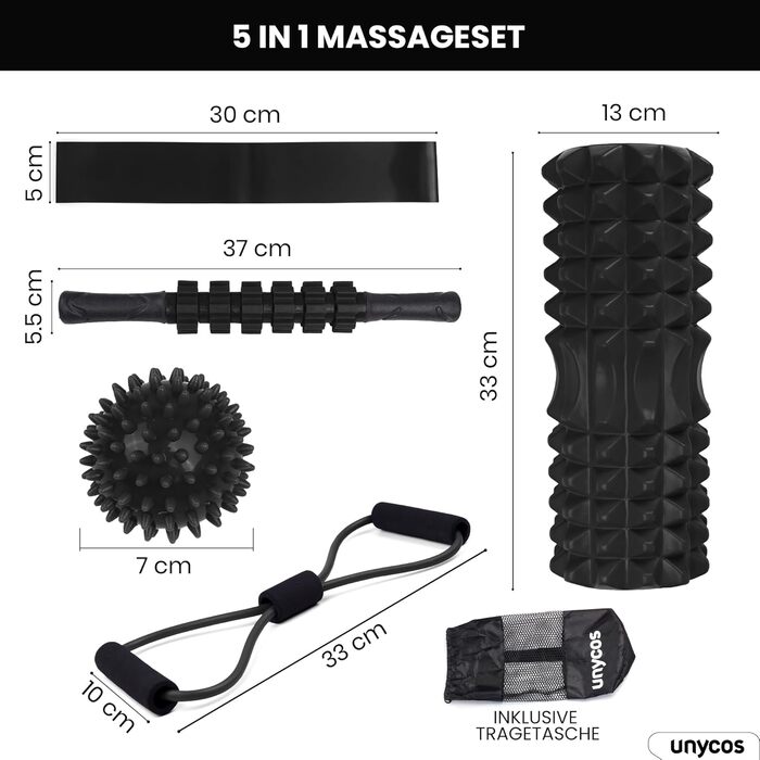 Набір для масажу м'язів Unycos: ролер фасції, фітнес-гумка, масажний м'яч, палиця для реабілітації, шнур для фітнесу та сумка для зберігання (чорний)