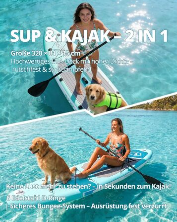 SUP дошка Premium Allround для початківців та досвідчених, з сидінням, до 200 кг, 320x81x15 см, м'ятно-бірюзово-біла + тримач для камери
