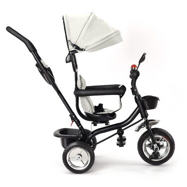 Триколісний велосипед для дітей 1-5 років, 5 в 1, з регульованою висотою сидіння, поворотний сидіння 360°, знімний капюшон, безпечний ремінь, кошик для іграшок, сірий