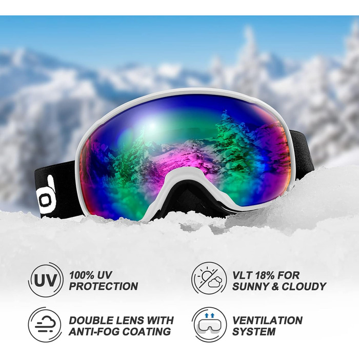 Шолом для лиж та сноуборду з маскою Odoland, білий, 52-55 см, захист UV 400, для жінок та чоловіків