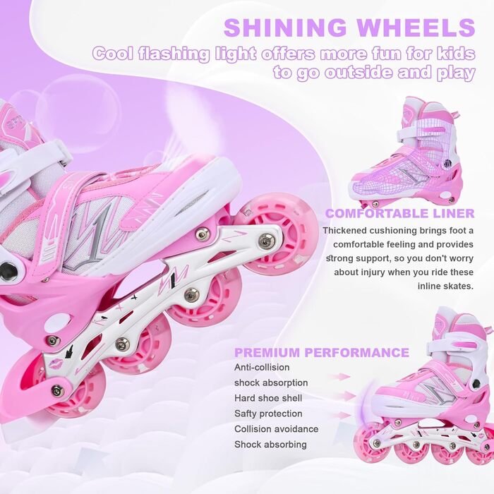 Дитячі ролики-інлайни з підсвічуванням, регульовані, для хлопчиків та дівчаток, рожево-білі, розмір L