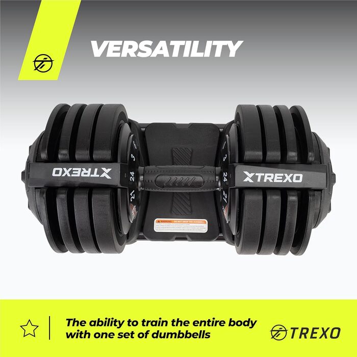 Регульована гантель TREXO 18-40 кг з поворотним регулятором ваги. Залізна гантель для силових тренувань з ергономічною ручкою.