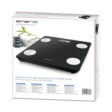 Ваги EMERIO цифрові для тіла з вимірюванням жиру, м'язів, кісток та BMI | Преміум якість | Автоматичне вимкнення | Макс. 180 кг | 2x AAA батареї в комплекті | Чорний BR-125479