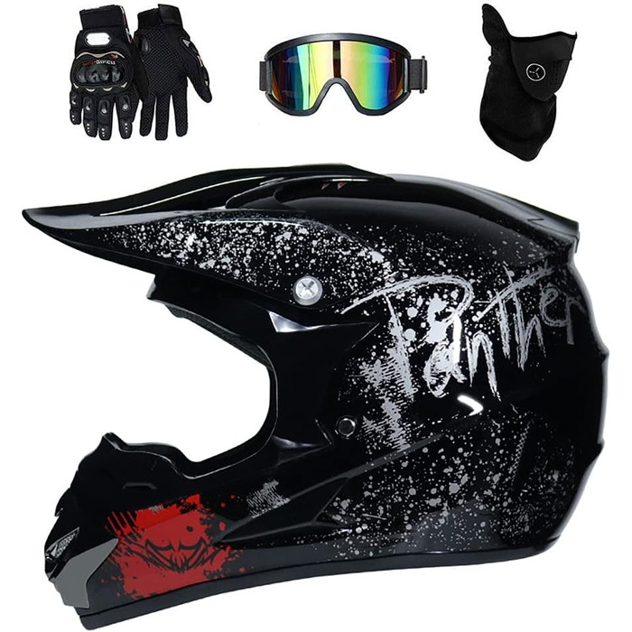Унісекс Мотокрос-шолом з маскою, окулярами та рукавичками, для дітей та підлітків, ендуро, оф-роуд, мотоцикл, MTB, ATV, BMX, Quad, чорний, сертифікат D.O.T, розмір L (56-57 см)