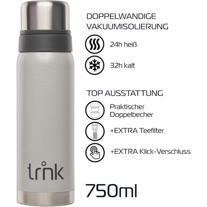Термос trnk Outdoor polar 2, 750 мл, нержавіюча сталь, BPA-free, з 2 чашками, тримає тепло 24 год, для напоїв, сірий