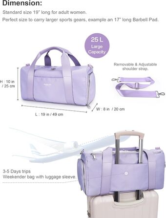 Спортивна сумка 16 дюймів для жінок та дітей з відділенням для взуття та водонепроникним розділенням. Підходить для фітнесу, танців, плавання та подорожей, фіолетового кольору.