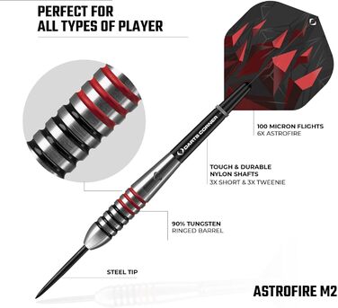 Набір дартсів Darts Corner Astrofire 90% вольфрам, сталеві наконечники, 6 флайтів, 6 шафтів, платіжна карта, кейс для зберігання, кільця